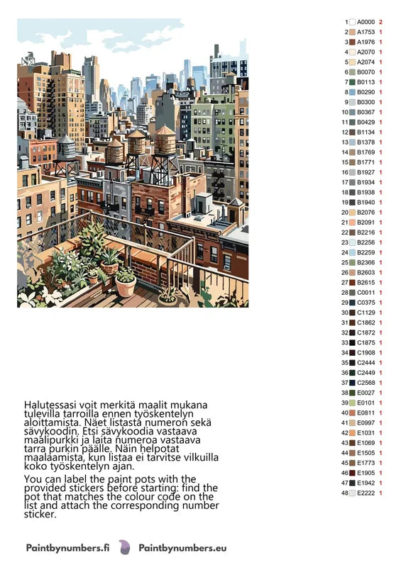 Paint by numbers color chart - City Rooftops and Water Towers - väriluettelo ja ohjeet