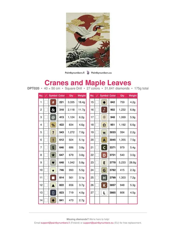 Cranes and Maple Leaves timanttimaalauksen värikartta – 27 DMC-väriä