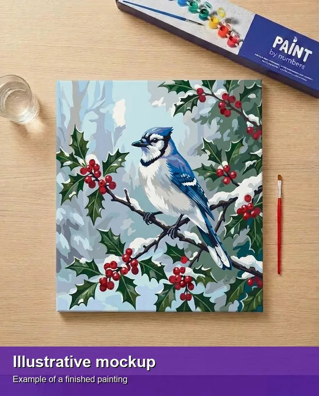 Valmiin numeromaalauksen havainnekuva - Blue Jay on Branch 50x50cm