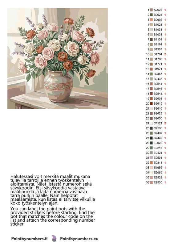 Paint by numbers color chart - Roses in Ceramic Vase - väriluettelo ja ohjeet