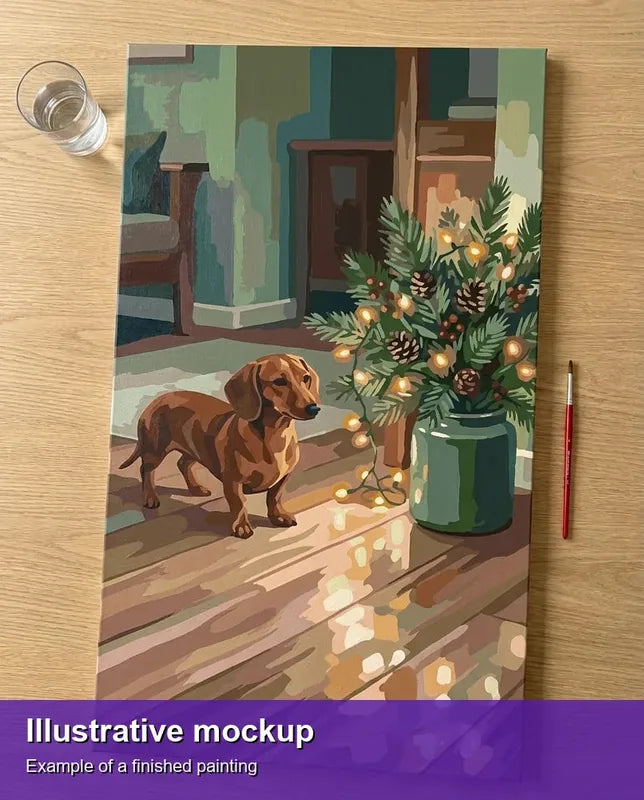 Valmiin numeromaalauksen havainnekuva - Dachshund and Pine Branches 40x70cm