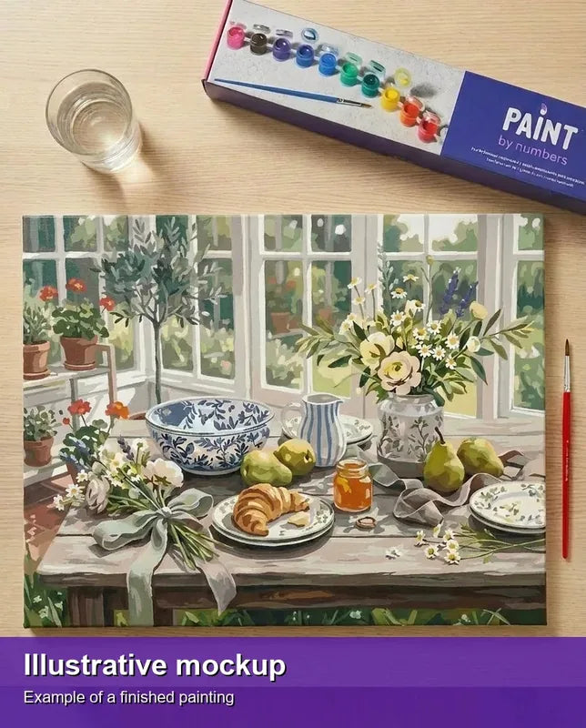 Valmiin numeromaalauksen havainnekuva - Breakfast in Sunroom Still 50x40cm