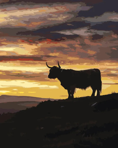 Ylämaan lehmä auringonlaskussa numeromaalaus - siluetti värikkäällä taivaalla. 40x50cm ja 29 väriä.