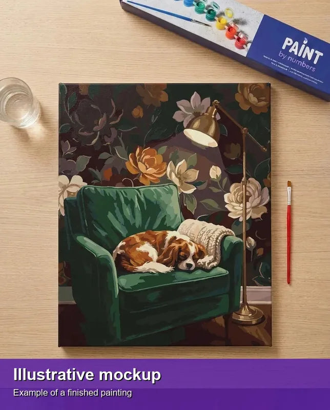 Valmiin numeromaalauksen havainnekuva - Dog Sleeping on Chair 40x50cm