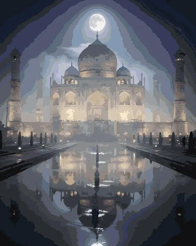 Taj Mahal numeromaalaus - ikoni yöllä veden äärellä.