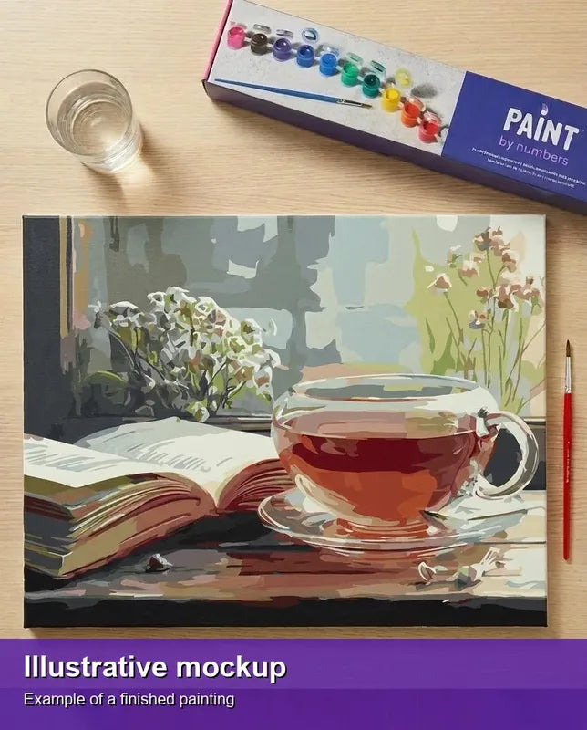 Valmiin numeromaalauksen havainnekuva - Tea and Book by the Window 50x40cm