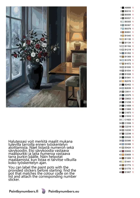 Paint by numbers color chart - Vase of Flowers by Window - väriluettelo ja ohjeet