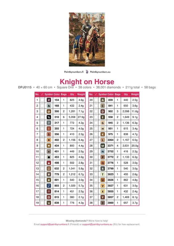 Knight on Horse timanttimaalauksen värikartta – 38 DMC-väriä