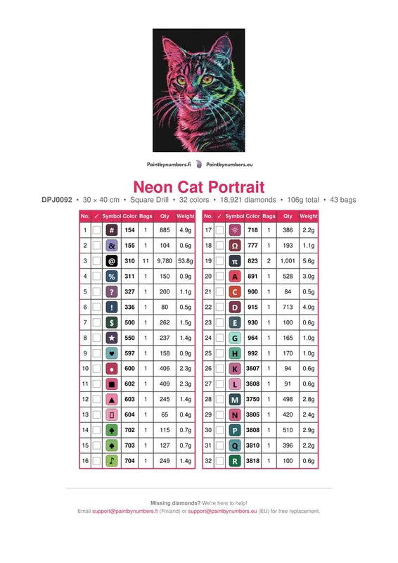 Neon Cat Portrait timanttimaalauksen värikartta – 32 DMC-väriä