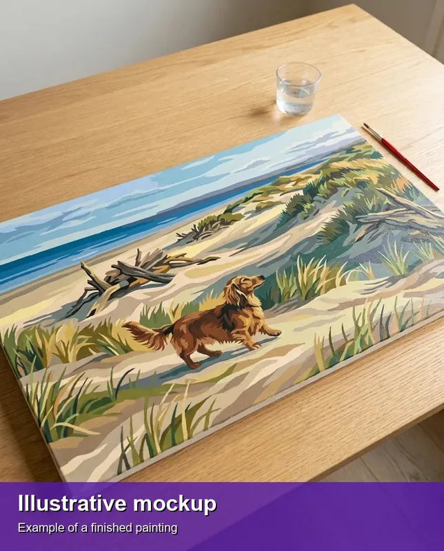 Valmiin numeromaalauksen havainnekuva - Dachshund on Beach Dunes 70x40cm