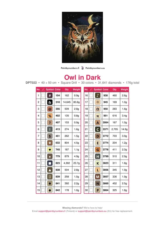Owl in Dark timanttimaalauksen värikartta – 30 DMC-väriä