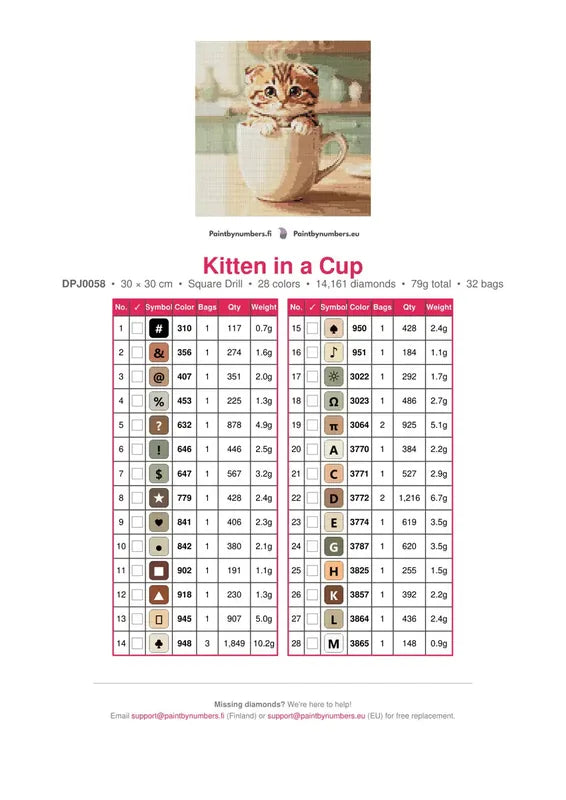Kitten in a Cup timanttimaalauksen värikartta – 28 DMC-väriä