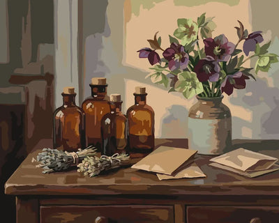 Pullot ja kukka-asetelma numeromaalaus