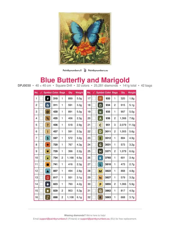 Blue Butterfly and Marigold timanttimaalauksen värikartta – 32 DMC-väriä