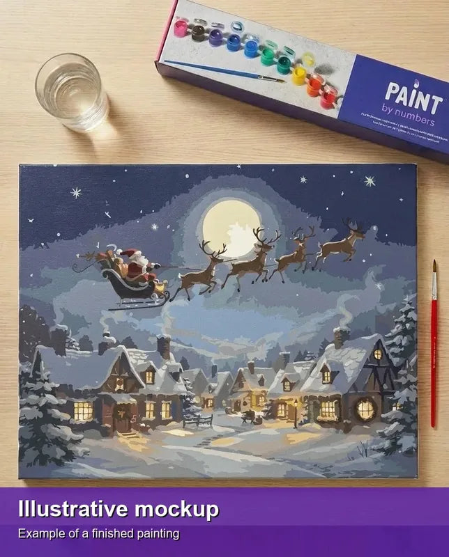Valmiin numeromaalauksen havainnekuva - Santa Sleigh Over Village 50x40cm