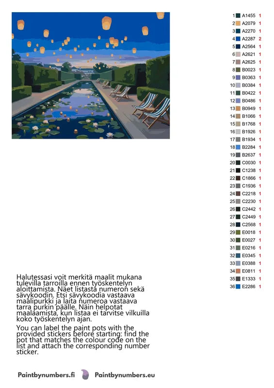 Garden Pool and Lanterns numeromaalauksen värikartta ja ohjeet