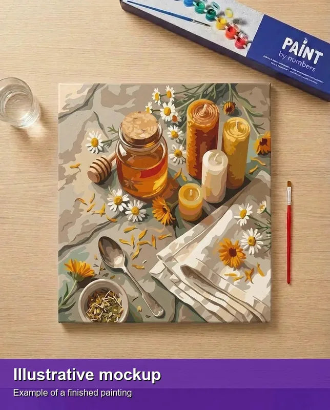 Valmiin numeromaalauksen havainnekuva - Honey Jar and Candles 50x50cm
