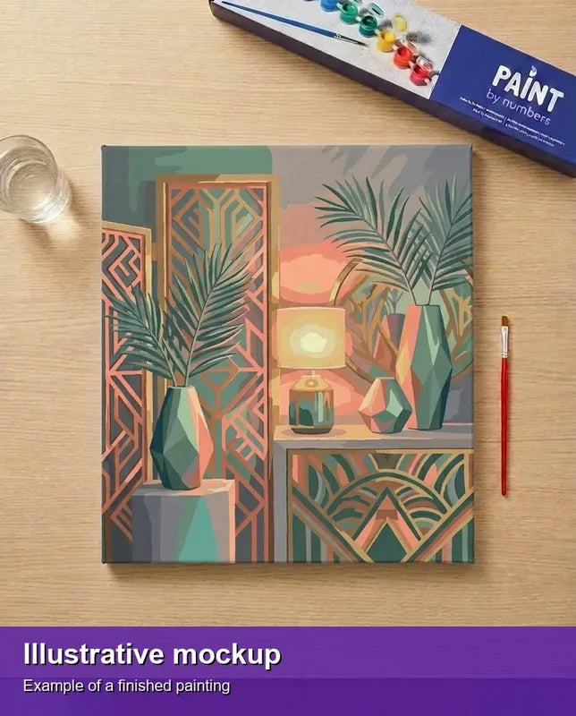 Valmiin numeromaalauksen havainnekuva - Vases and Palm Leaves 50x50cm