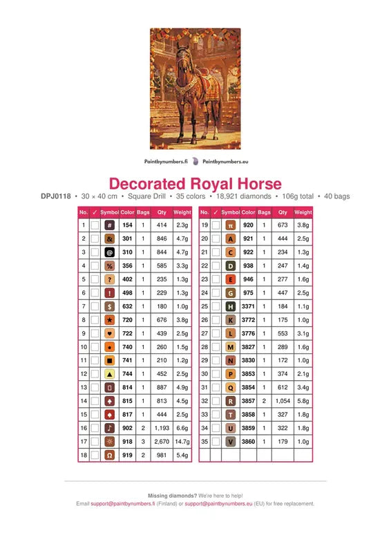 Decorated Royal Horse timanttimaalauksen värikartta – 35 DMC-väriä
