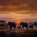 Thumbnail for Timanttimaalaus, jossa elefanttiperhe kävelee savannilla auringonlaskussa.