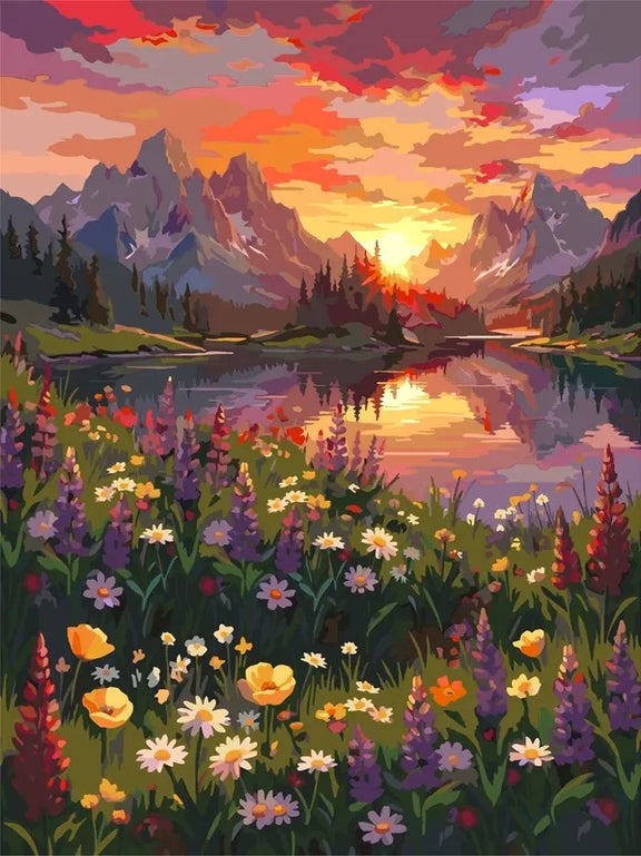 Alpine Glow -numeromaalaus – alppimaisema auringonlaskussa