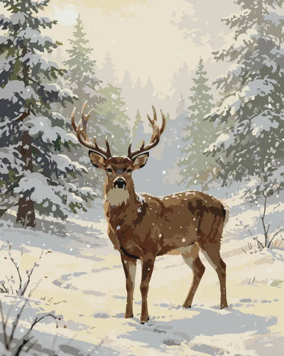 Peura lumisessa metsässä numeromaalaus - upea talvimaisema.