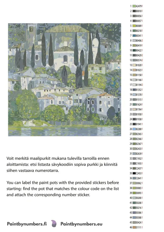 Paint by numbers color chart - Church in Cassone - väriluettelo ja ohjeet