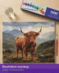 Thumbnail for Valmiin numeromaalauksen havainnekuva - Highland Cow in Mountains 50x40cm