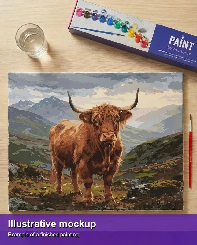 Valmiin numeromaalauksen havainnekuva - Highland Cow in Mountains 50x40cm
