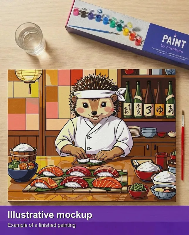 Valmiin numeromaalauksen havainnekuva - Hedgehog Sushi Chef 50x40cm