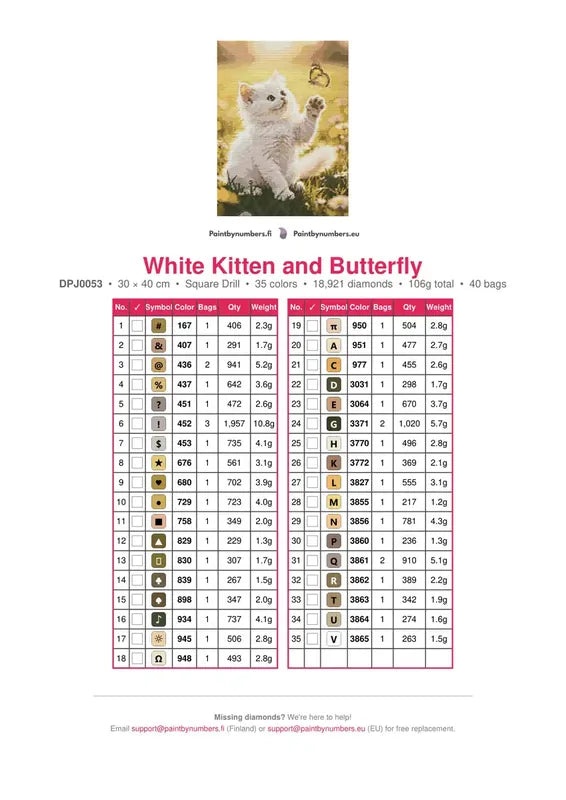 White Kitten and Butterfly timanttimaalauksen värikartta – 35 DMC-väriä