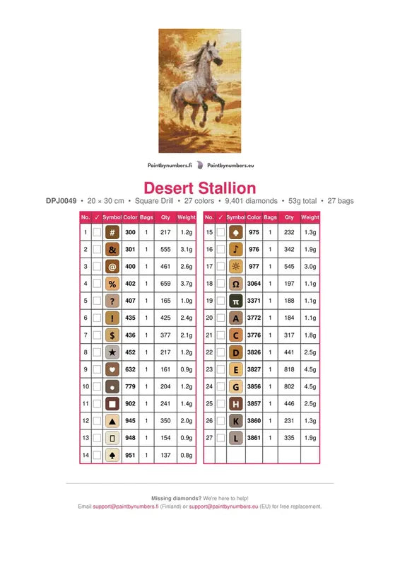 Desert Stallion timanttimaalauksen värikartta – 27 DMC-väriä