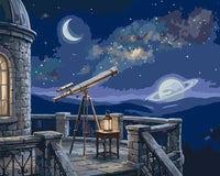 Thumbnail for Kaukoputki ja observatorio yöllä numeromaalaus, tähtiä ja planeetta.