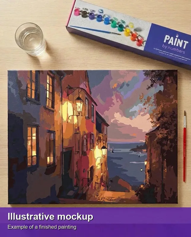Valmiin numeromaalauksen havainnekuva - Seaside Alley at Dusk 50x40cm