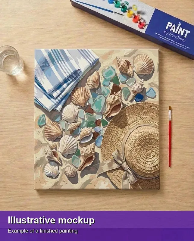 Valmiin numeromaalauksen havainnekuva - Seashells and Sun Hat 50x50cm