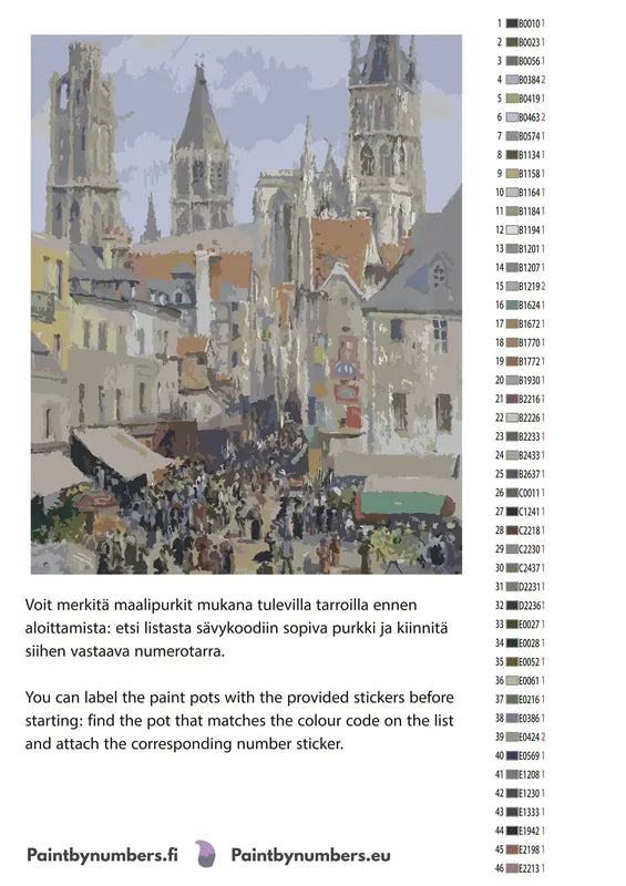 Paint by numbers color chart - Rouen Cathedral Facade - väriluettelo ja ohjeet