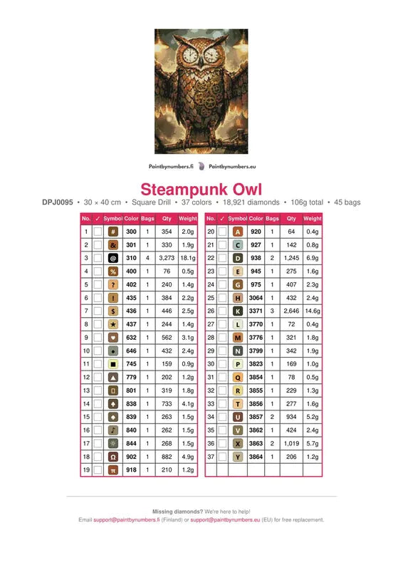 Steampunk Owl timanttimaalauksen värikartta – 37 DMC-väriä