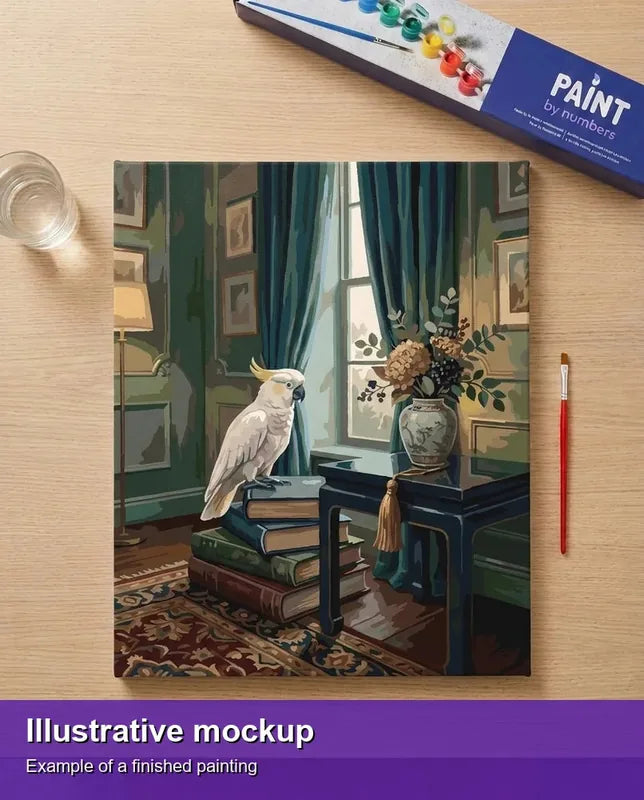 Valmiin numeromaalauksen havainnekuva - Cockatoo on Books 40x50cm