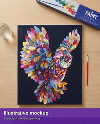 Thumbnail for Valmiin numeromaalauksen havainnekuva - Colorful Owl in Flight 40x50cm