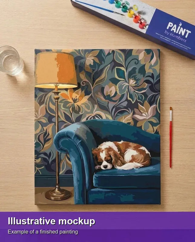 Valmiin numeromaalauksen havainnekuva - Dog Sleeping on Sofa 40x50cm