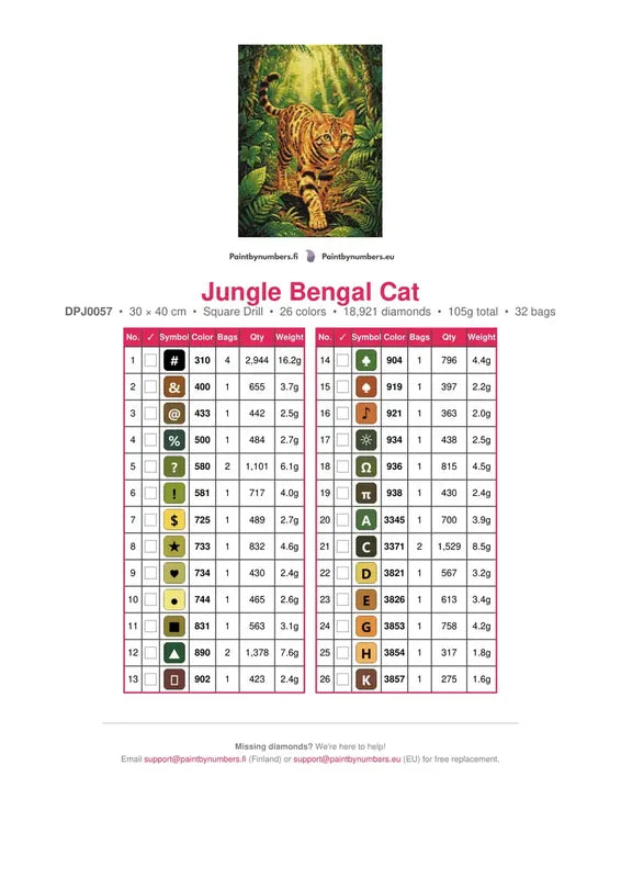 Jungle Bengal Cat timanttimaalauksen värikartta – 26 DMC-väriä