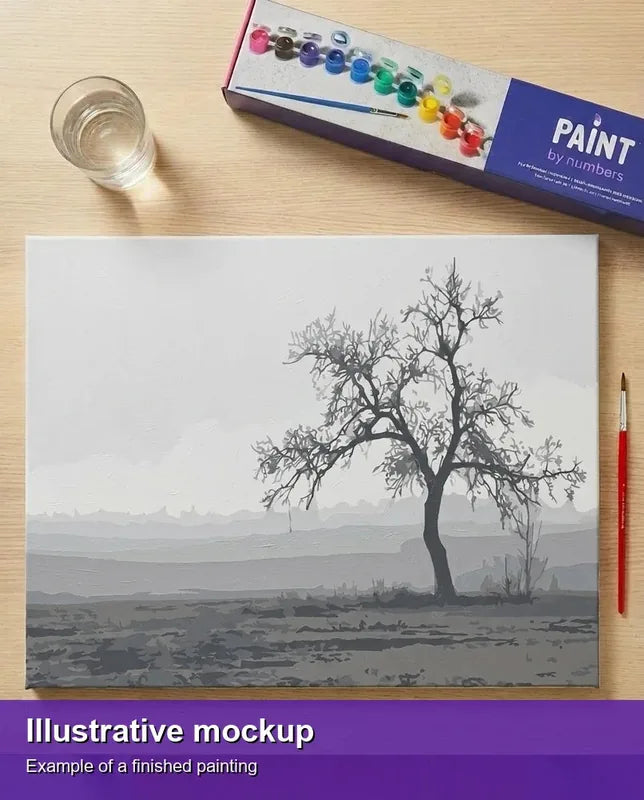 Valmiin numeromaalauksen havainnekuva - Lonely Tree in Mist 50x40cm