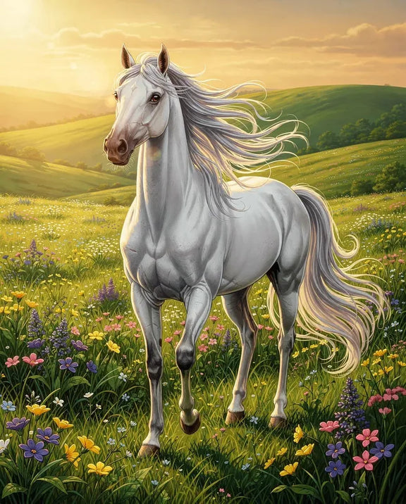 Timanttimaalaus White Horse in Meadow
