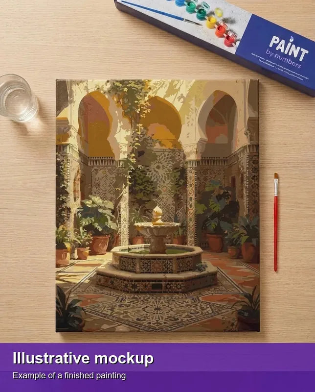 Valmiin numeromaalauksen havainnekuva - Courtyard Fountain with Tiles 40x50cm