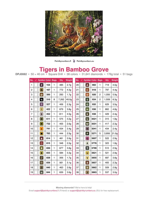 Tigers in Bamboo Grove timanttimaalauksen värikartta – 38 DMC-väriä
