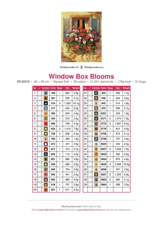 Window Box Blooms timanttimaalauksen värikartta – 39 DMC-väriä