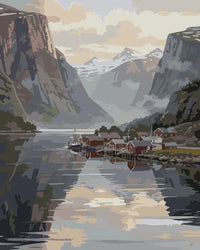 Thumbnail for Vuoristoinen maisema numeromaalaus - vuono ja peilityyni vesi.