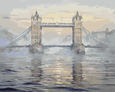 Tower Bridge numeromaalaus - Lontoon silta iltataivaalla vesistöä vasten.