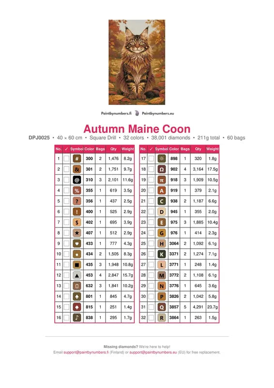 Autumn Maine Coon timanttimaalauksen värikartta – 32 DMC-väriä