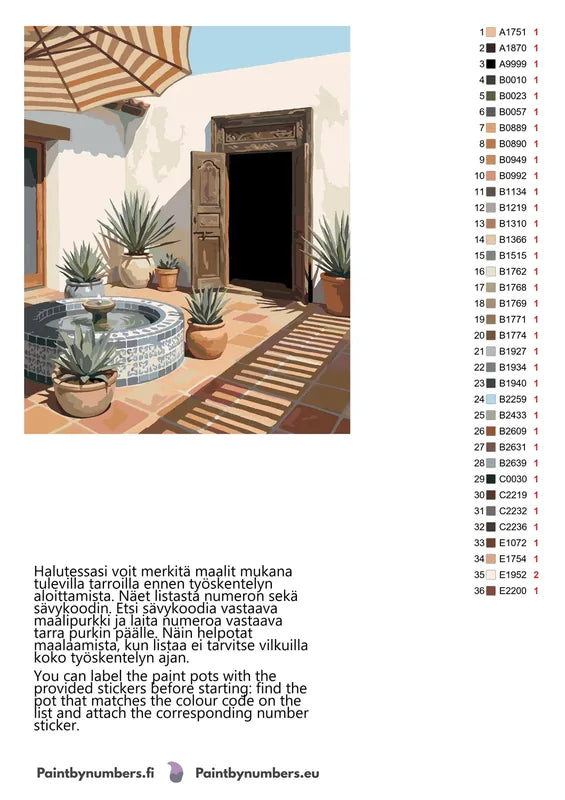 Paint by numbers color chart - Courtyard Fountain and Plants - väriluettelo ja ohjeet